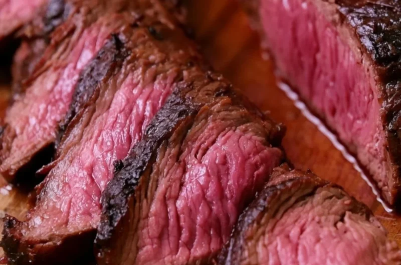 Delicious homemade steak marinade soaking into beef for grilling