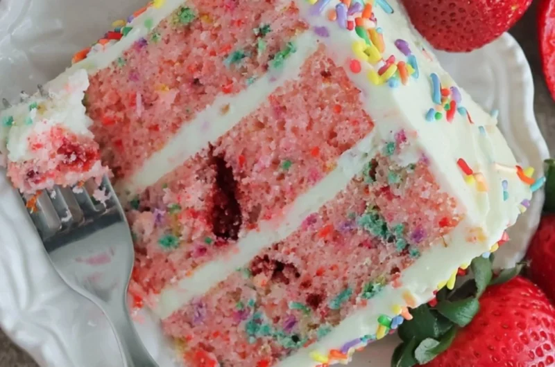 A colorful Strawberry Funfetti Cake topped with fresh strawberries and sprinkles.