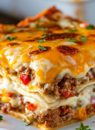 A delicious serving of Taco Lasagna with melted cheese and fresh toppings.