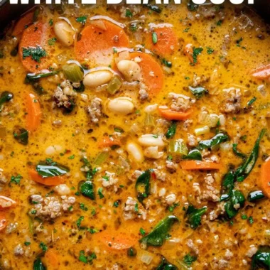 A bowl of hearty Tuscan white bean soup garnished with herbs