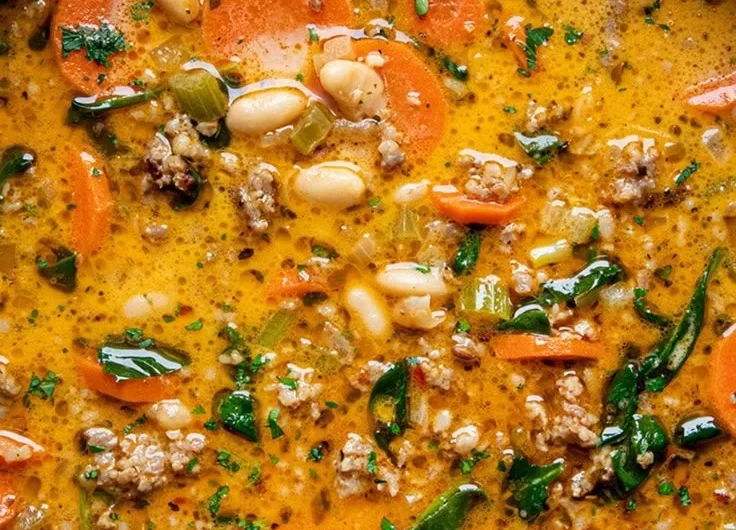 A bowl of hearty Tuscan white bean soup garnished with herbs