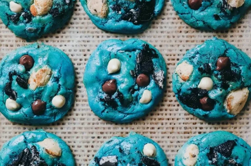 Delicious Ultimate Cookie Monster Cookies with vibrant blue frosting and chocolate chips.