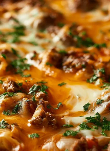 Delicious unstuffed ground beef cabbage roll casserole in a pan