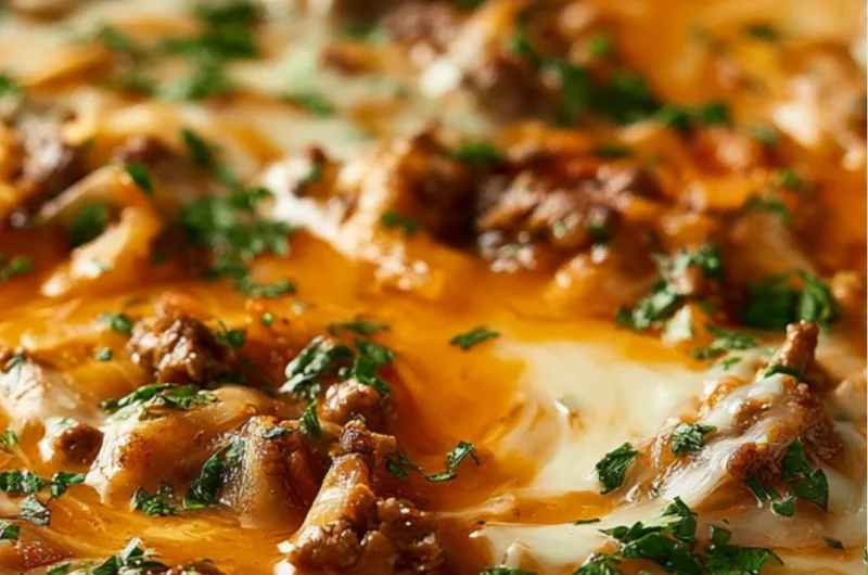 Delicious unstuffed ground beef cabbage roll casserole in a pan