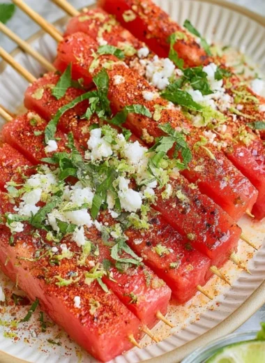 Colorful watermelon skewers with Tajin seasoning on a platter.
