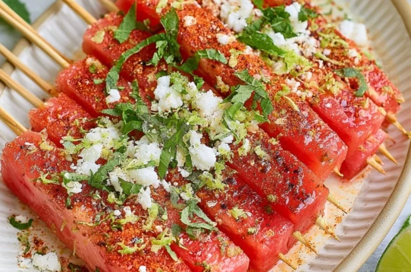 Colorful watermelon skewers with Tajin seasoning on a platter.