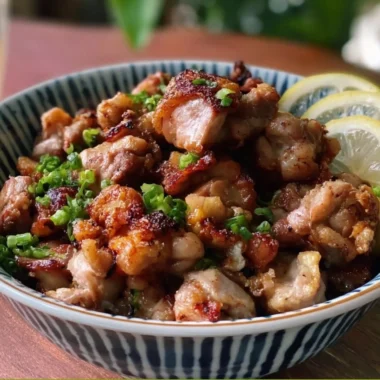 Yakitori-inspired salt and pepper chicken bites served on a plate