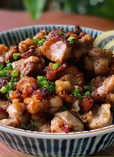 Yakitori-inspired salt and pepper chicken bites served on a plate