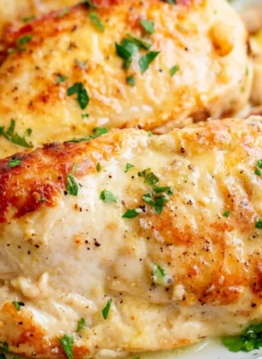 Air fryer juicy chicken breasts served on a plate