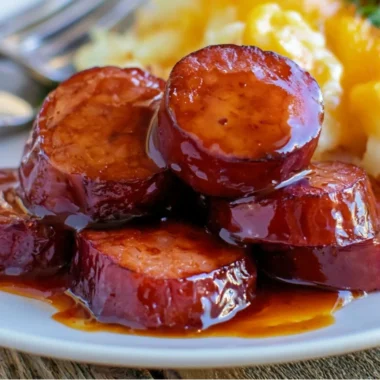 Baked BBQ sausage served on a plate with barbecue sauce