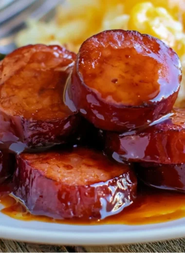 Baked BBQ sausage served on a plate with barbecue sauce