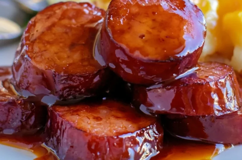 Baked BBQ sausage served on a plate with sides