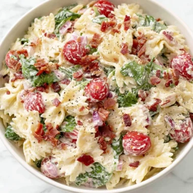 Delicious BLT Pasta Salad with bacon, lettuce, and tomatoes served in a bowl