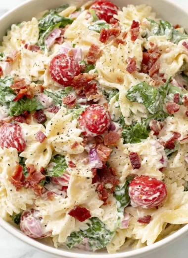 Delicious BLT Pasta Salad with bacon, lettuce, and tomatoes served in a bowl
