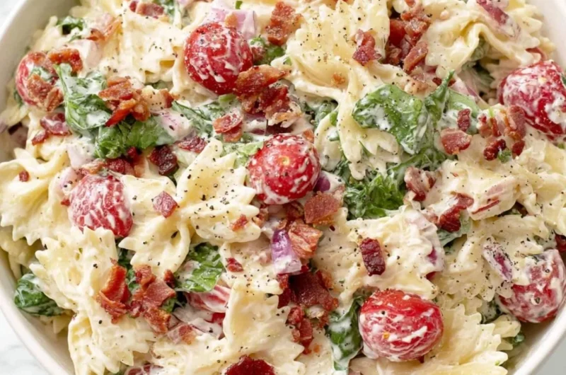 Delicious BLT Pasta Salad with bacon, lettuce, and tomatoes served in a bowl
