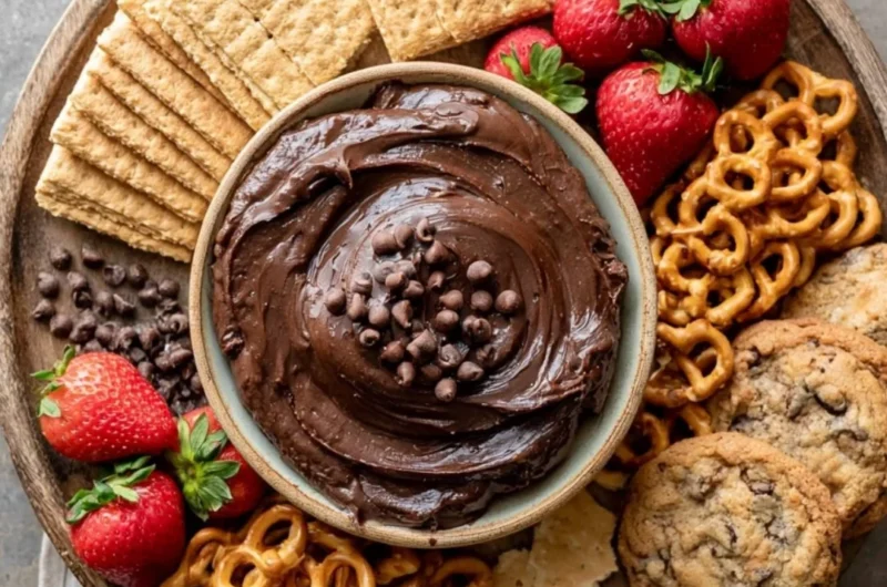 Cozy brownie batter dip served in a bowl with chocolate sprinkles on top.