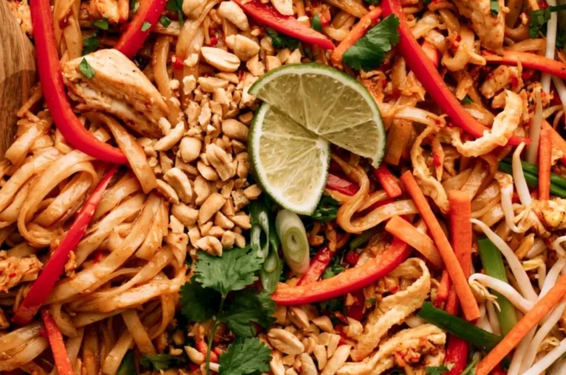 Bowl of cozy Chicken Pad Thai garnished with peanuts and lime