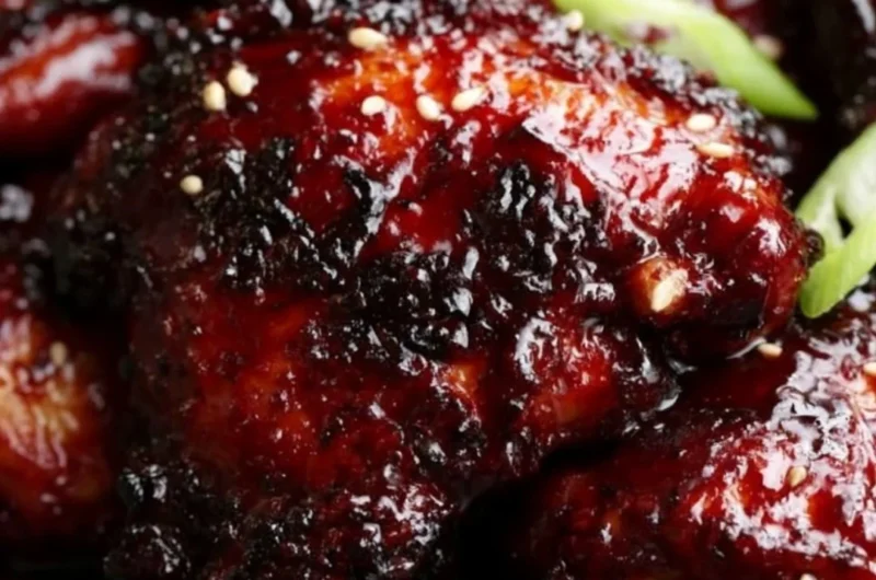 Delicious bowl of cozy chili paste chicken garnished with herbs
