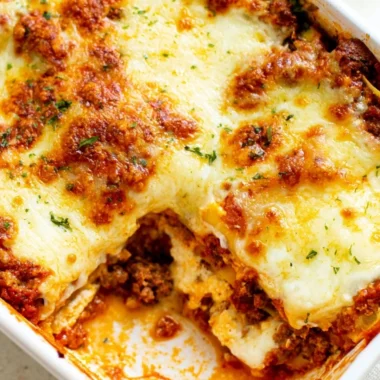 A cozy, easy lasagna layered with cheese and sauce, ready to serve.