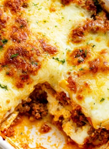 A cozy, easy lasagna layered with cheese and sauce, ready to serve.