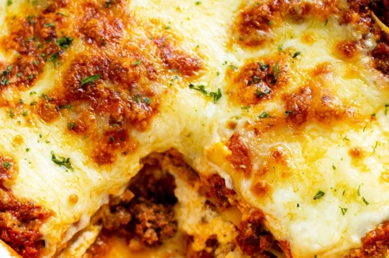 A cozy, easy lasagna layered with cheese and sauce, ready to serve.