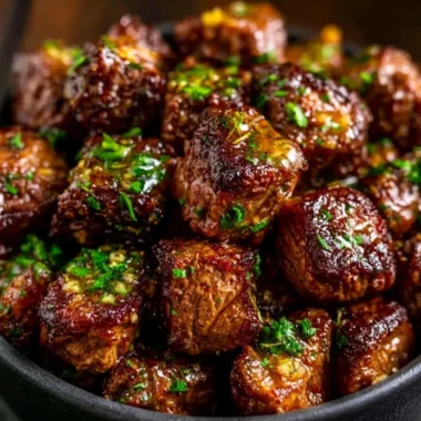 Cozy garlic butter steak bites served on a plate topped with herbs.