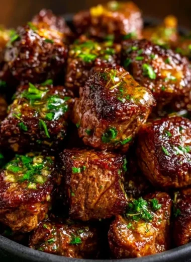 Cozy garlic butter steak bites served on a plate topped with herbs.