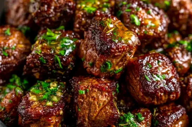 Cozy garlic butter steak bites served on a plate topped with herbs.