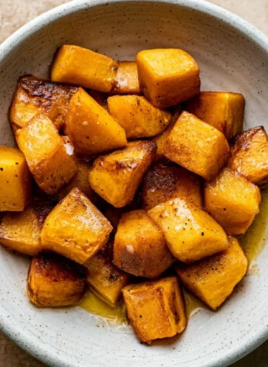 Delicious honey roasted butternut squash served in a cozy dish