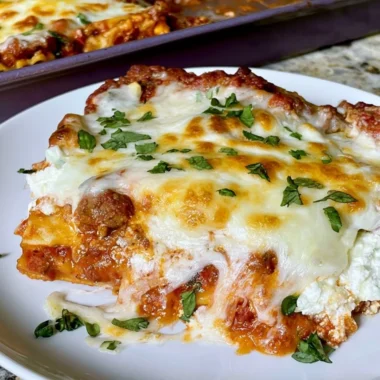 Cozy sheet pan lasagna served on a wooden table with fresh basil and cheese
