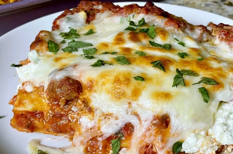 Cozy sheet pan lasagna served on a wooden table with fresh basil and cheese
