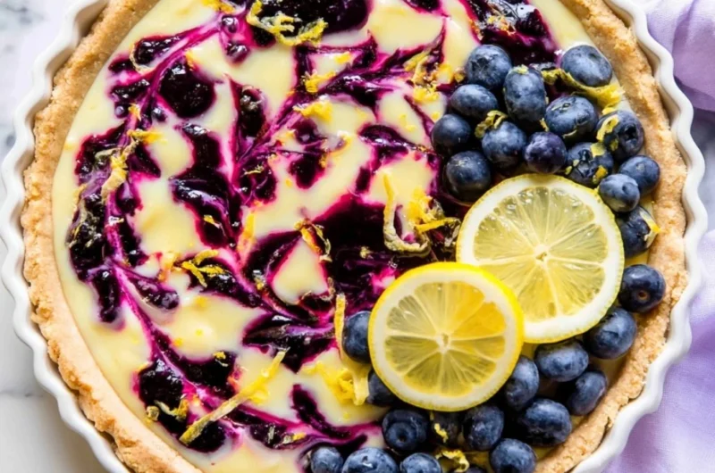 Creamy lemon tart with blueberry sauce on a white plate