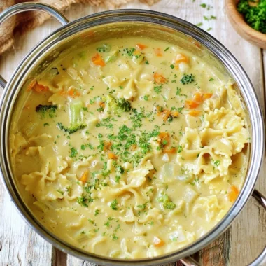 Bowl of creamy vegan pasta soup topped with herbs and vegetables