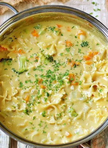 Bowl of creamy vegan pasta soup topped with herbs and vegetables