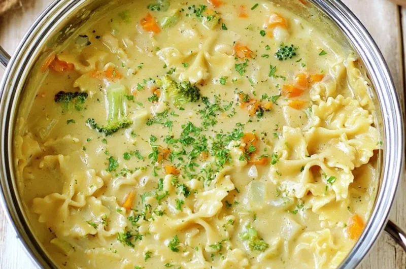 Bowl of creamy vegan pasta soup topped with herbs and vegetables