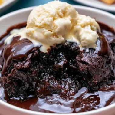 Delicious crockpot pudding brownies served on a plate with chocolate drizzle