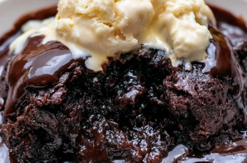 Delicious crockpot pudding brownies served on a plate with chocolate drizzle