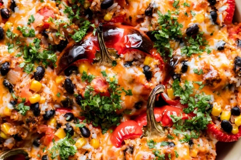Colorful vegetarian stuffed peppers filled with rice, beans, and vegetables