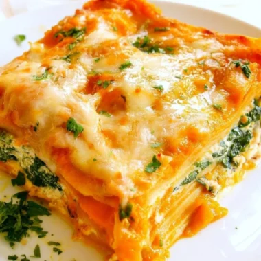 Delicious pumpkin spinach lasagna layered with vegetables and cheesy goodness