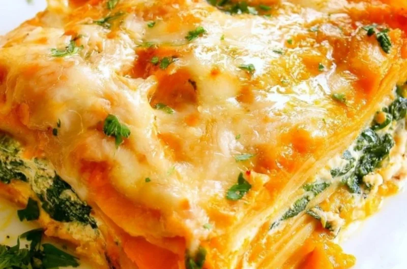 Delicious pumpkin spinach lasagna layered with vegetables and cheesy goodness