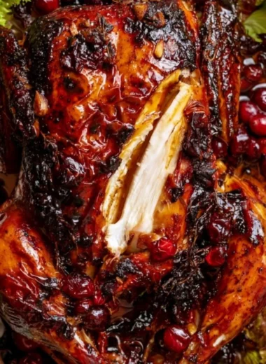 Whole roast chicken with cranberry-maple glaze served on a festive table