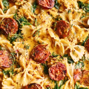 Creamy acorn squash pasta with sausage and spinach in a bowl