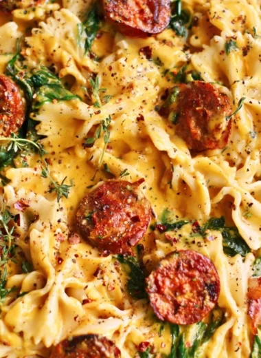 Creamy acorn squash pasta with sausage and spinach in a bowl