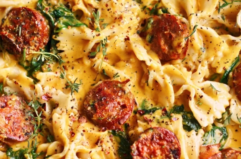 Creamy acorn squash pasta with sausage and spinach in a bowl