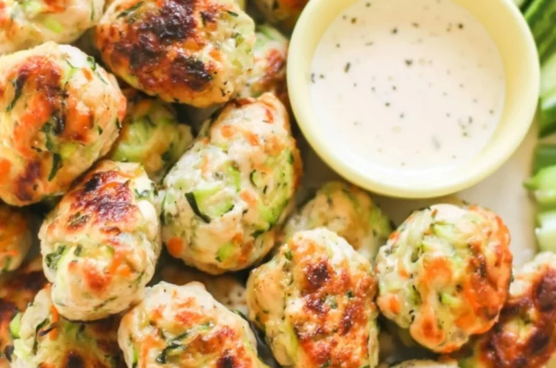Plate of kid-friendly veggie chicken nuggets with dipping sauce.